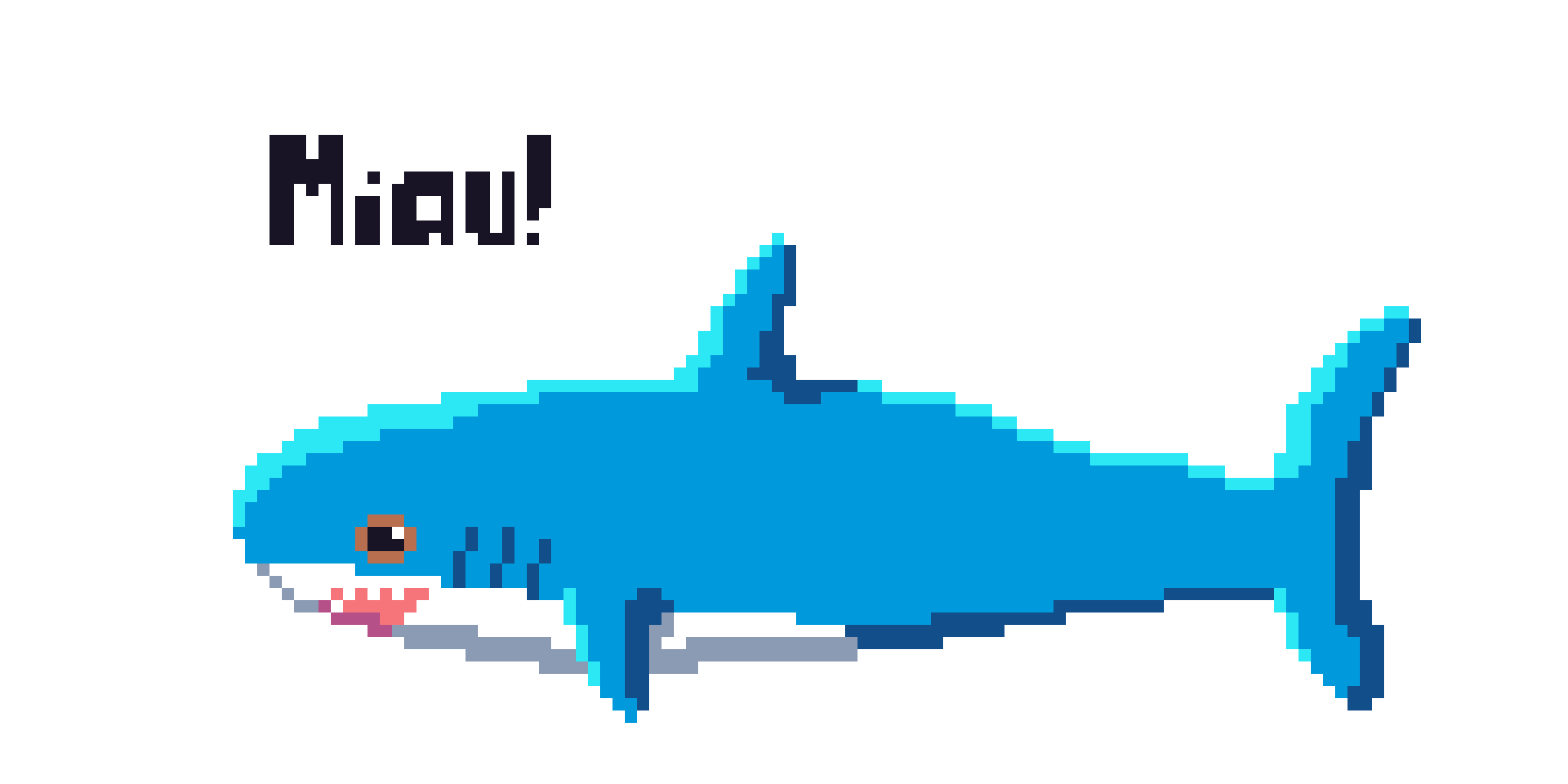A pixelated blahaj with a speech bubble, saying 'Miau!'